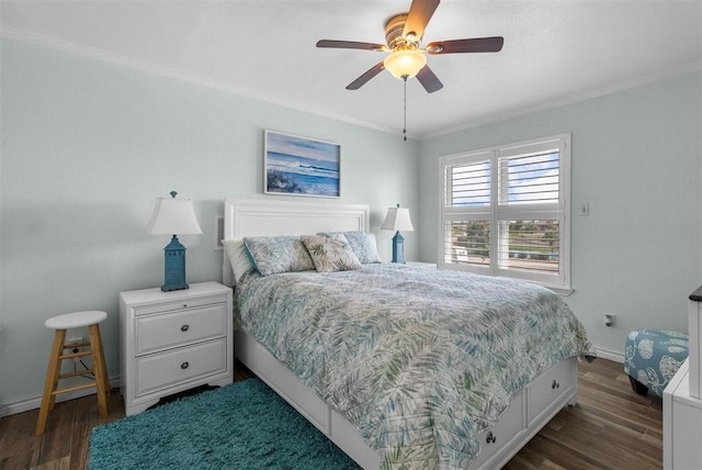 bedroom featuring crown molding, dark wood finished floors, baseboards, and a ceiling fan