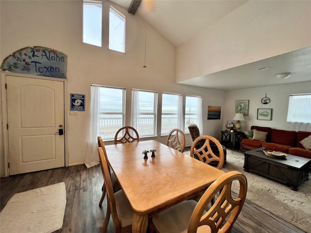 dining area with high vaulted ceiling and wood finished floors