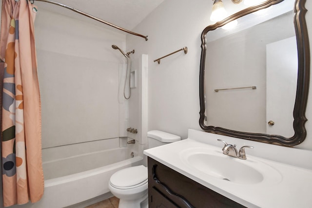 bathroom featuring shower / bath combination with curtain, vanity, toilet, and tile patterned floors