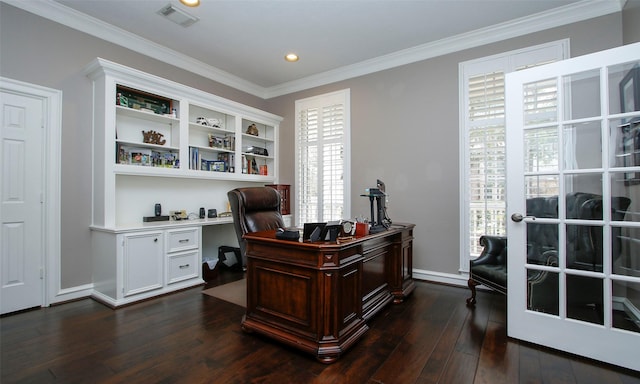 office featuring baseboards, dark wood-style flooring, visible vents, and crown molding