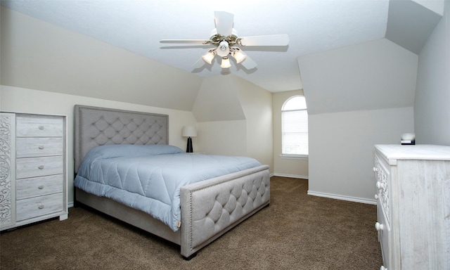 bedroom with carpet floors, baseboards, a ceiling fan, and lofted ceiling