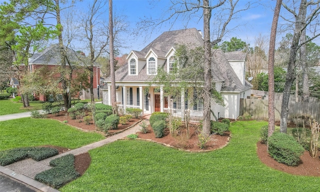 cape cod home with a porch, a front lawn, a shingled roof, and fence