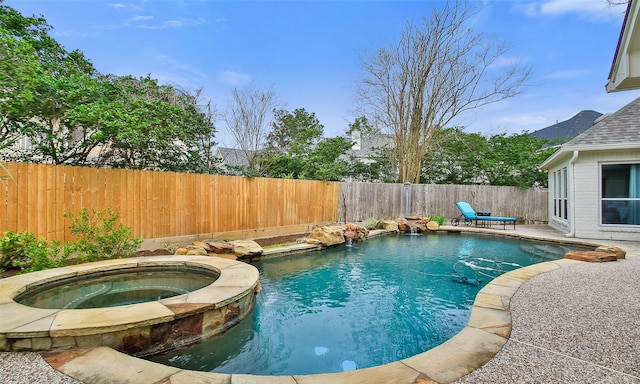 view of swimming pool with a fenced in pool, a patio area, a fenced backyard, and an in ground hot tub