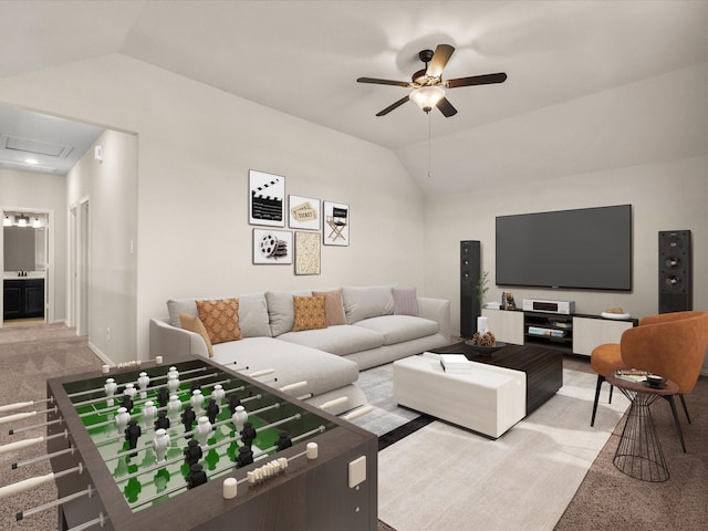 living room featuring carpet, lofted ceiling, attic access, ceiling fan, and baseboards