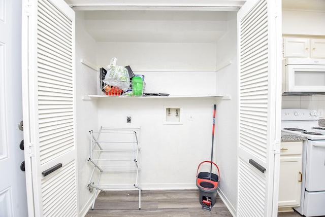 washroom with laundry area, baseboards, wood finished floors, hookup for a washing machine, and hookup for an electric dryer