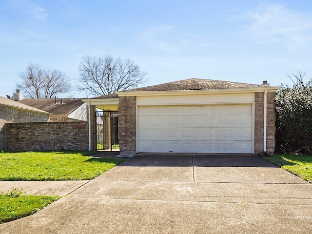 view of front facade featuring an attached garage, fence, concrete driveway, and brick siding