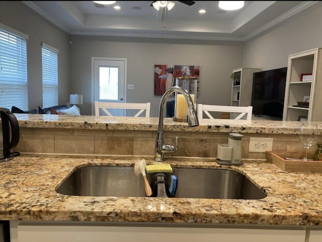 kitchen featuring light stone countertops, ornamental molding, a raised ceiling, and a sink