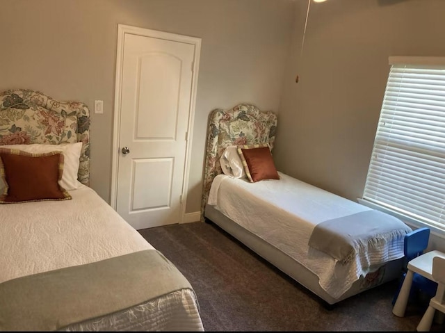 bedroom with multiple windows and dark carpet