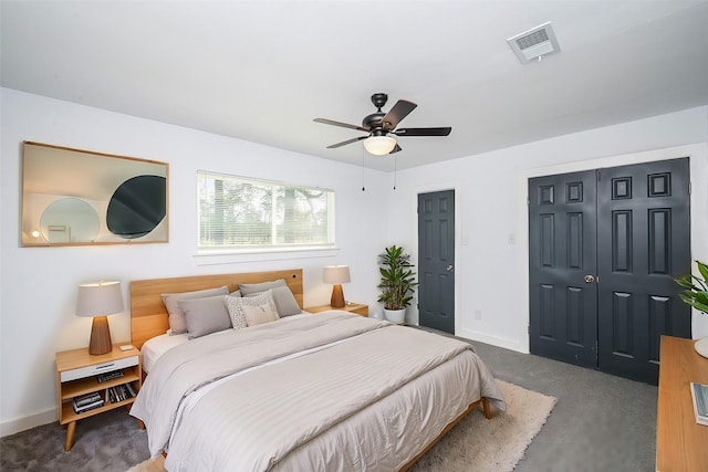 bedroom with visible vents, baseboards, a ceiling fan, carpet, and a closet