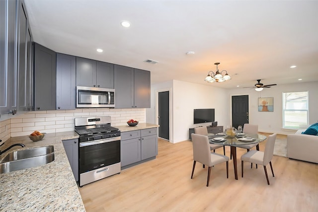 kitchen with stainless steel appliances, light wood-style flooring, backsplash, open floor plan, and a sink