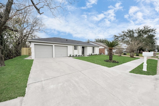 single story home with stucco siding, concrete driveway, fence, a garage, and a front lawn