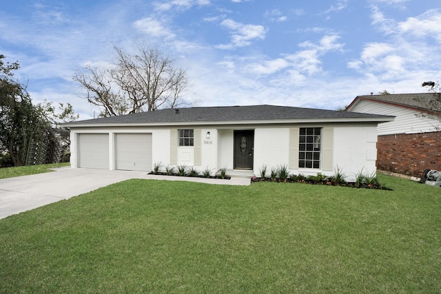 single story home with a garage, a shingled roof, brick siding, concrete driveway, and a front lawn