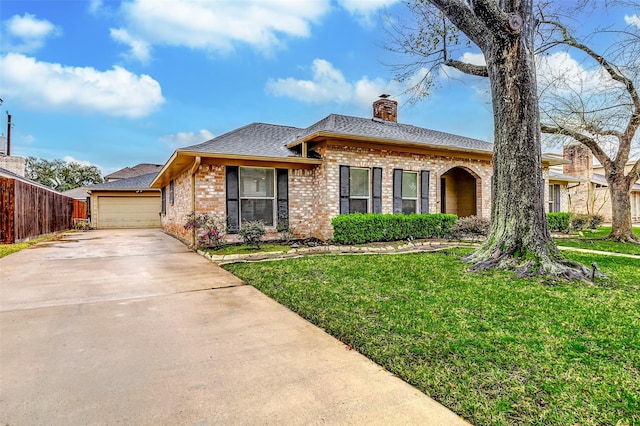 ranch-style home featuring brick siding, a front lawn, fence, roof with shingles, and a chimney