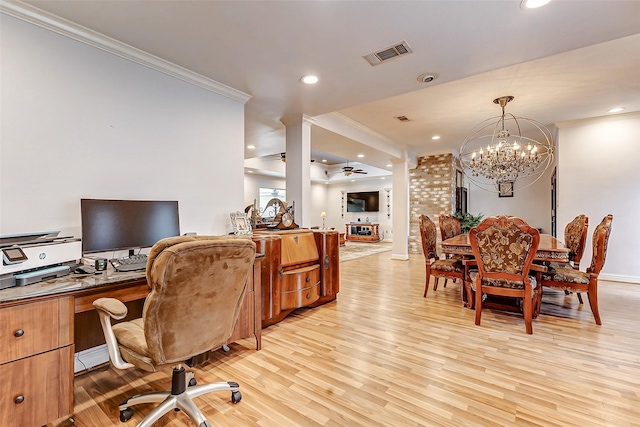 home office featuring visible vents, crown molding, light wood-type flooring, decorative columns, and recessed lighting