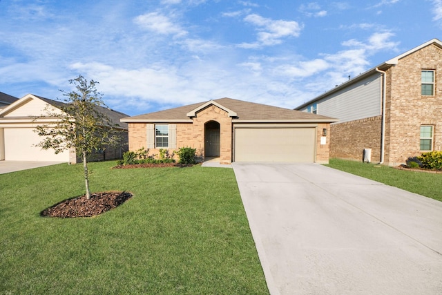 ranch-style house featuring a garage, a front lawn, concrete driveway, and brick siding