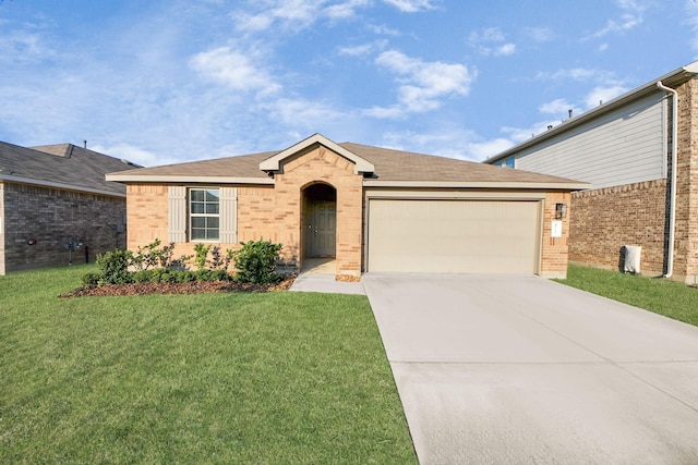 ranch-style house with a garage, brick siding, driveway, and a front lawn