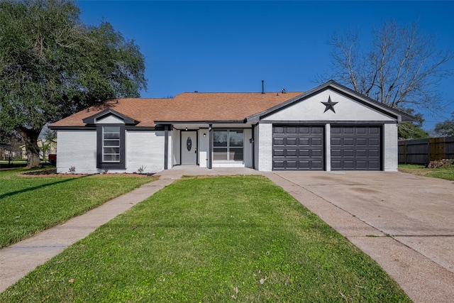 single story home with driveway, a garage, brick siding, fence, and a front yard