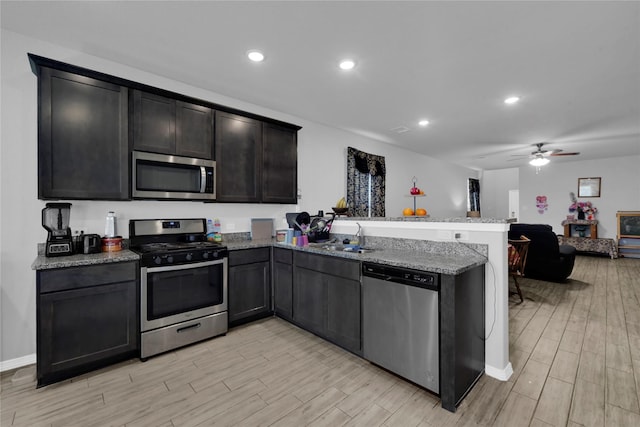 kitchen with a peninsula, a sink, open floor plan, appliances with stainless steel finishes, and light stone countertops