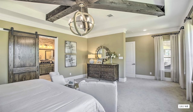 bedroom with a barn door, baseboards, visible vents, carpet, and beam ceiling