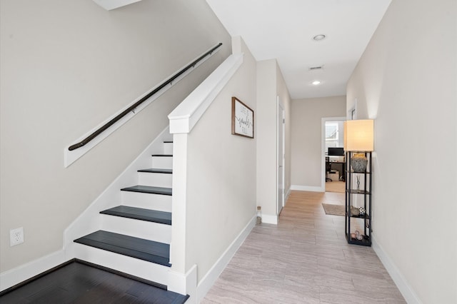 hall with visible vents, stairway, recessed lighting, and baseboards