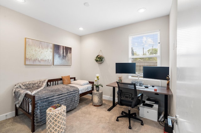 carpeted home office with recessed lighting and baseboards