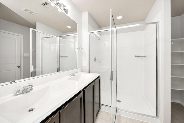 bathroom with visible vents, a sink, and a shower stall