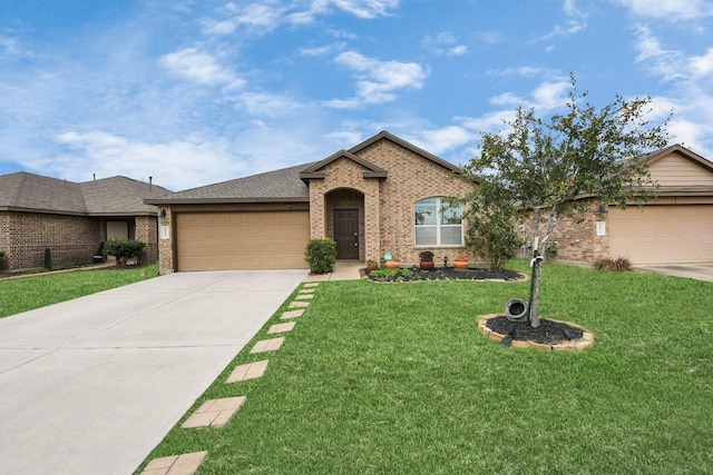 ranch-style house featuring a front yard, concrete driveway, brick siding, and an attached garage