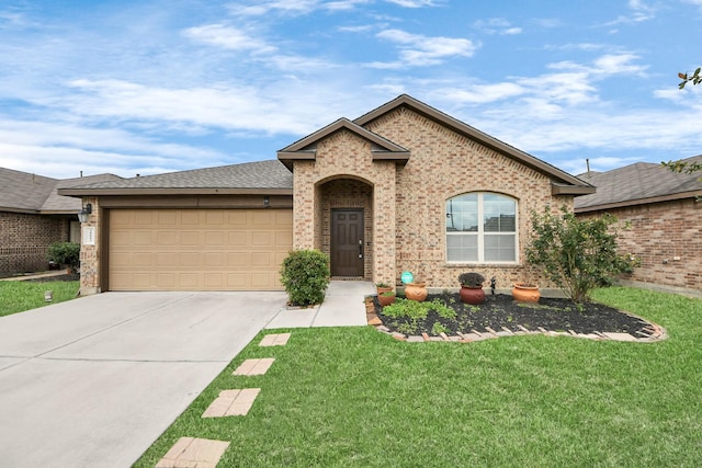 single story home featuring driveway, a garage, roof with shingles, a front lawn, and brick siding