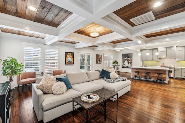 living area featuring coffered ceiling, visible vents, dark wood-type flooring, and beam ceiling