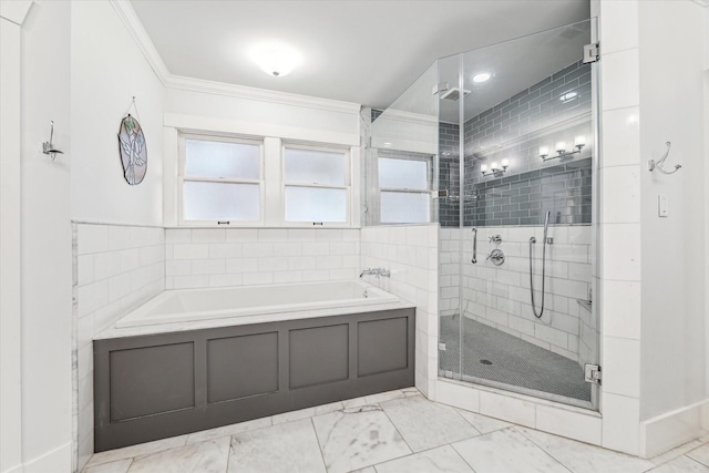 full bath with visible vents, marble finish floor, ornamental molding, a shower stall, and a bath