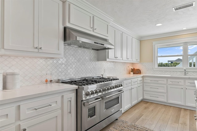 kitchen featuring under cabinet range hood, a sink, visible vents, white cabinetry, and double oven range