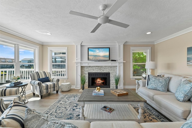 living room featuring a stone fireplace, ornamental molding, wood finished floors, and baseboards