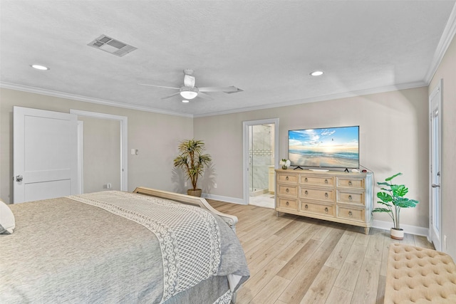 bedroom featuring recessed lighting, visible vents, baseboards, ornamental molding, and light wood finished floors