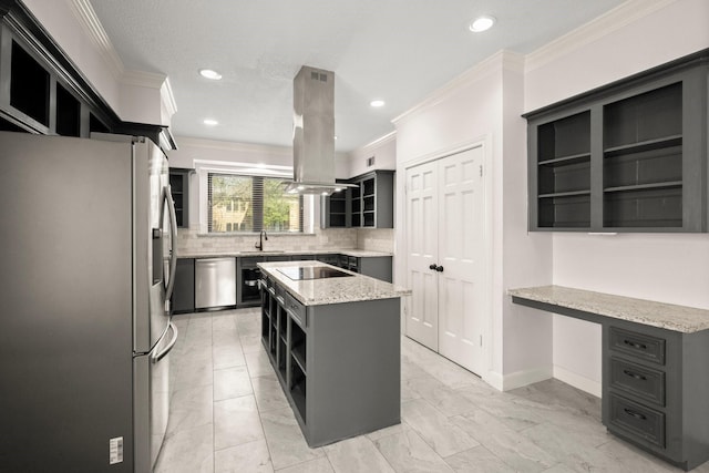 kitchen featuring ornamental molding, open shelves, a sink, island exhaust hood, and stainless steel appliances