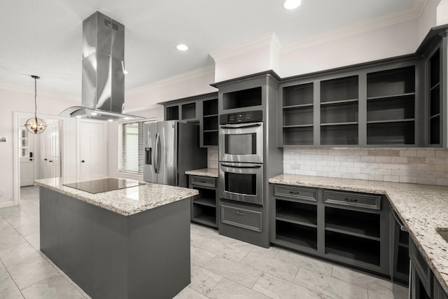 kitchen featuring a kitchen island, open shelves, stainless steel appliances, crown molding, and island range hood