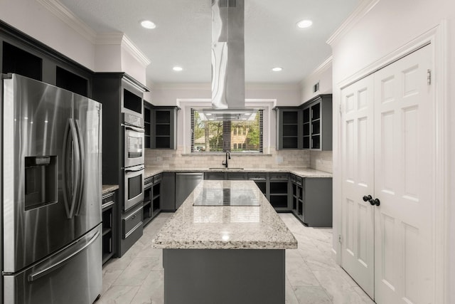 kitchen with open shelves, a center island, island range hood, stainless steel appliances, and dark cabinets