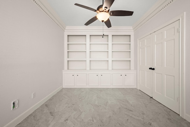 unfurnished bedroom with crown molding, baseboards, a closet, marble finish floor, and a ceiling fan