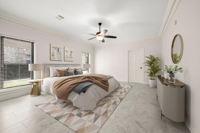 bedroom with crown molding, baseboards, visible vents, and ceiling fan