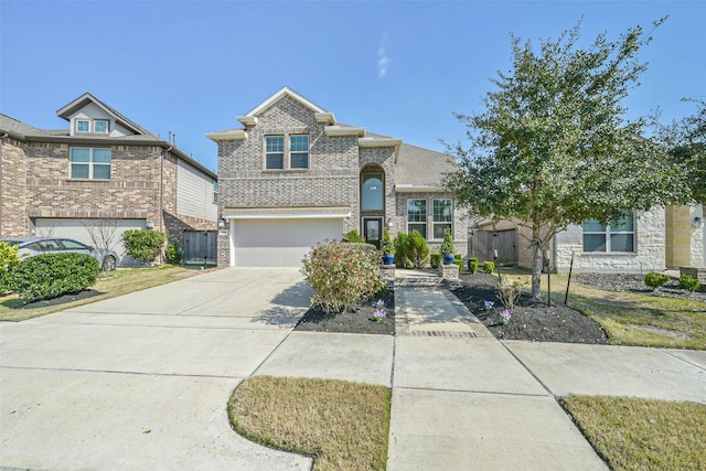 view of front of house with concrete driveway, brick siding, and an attached garage