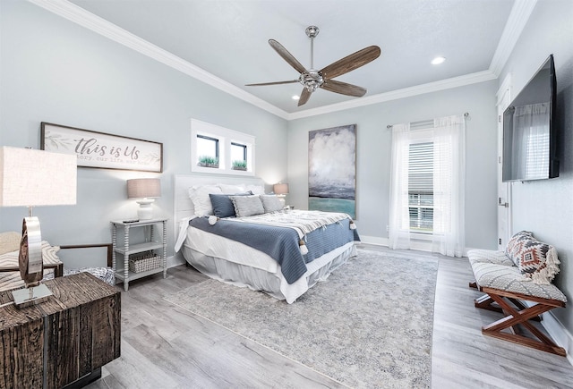 636 Villa Dr, Crystal Beach, TX 77650 - bedroom with recessed lighting, ornamental molding, a ceiling fan, wood finished floors, and baseboards