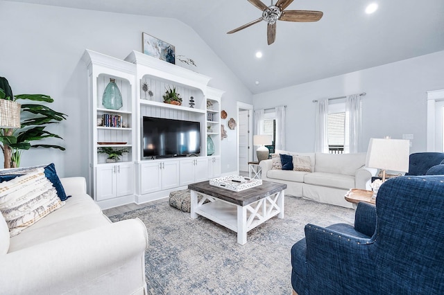 636 Villa Dr, Crystal Beach, TX 77650 - living area with lofted ceiling, light wood-type flooring, a ceiling fan, and recessed lighting