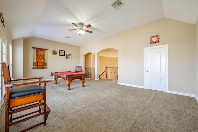 rec room featuring lofted ceiling, carpet flooring, visible vents, and baseboards