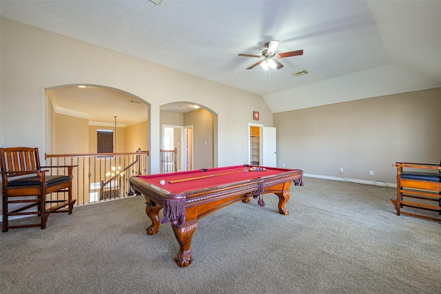 recreation room featuring lofted ceiling, carpet, visible vents, and baseboards