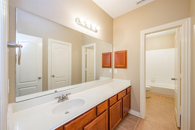 full bathroom featuring toilet, visible vents, baseboards, vanity, and tile patterned floors