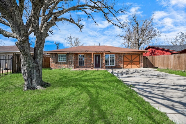 single story home with brick siding, driveway, an attached garage, and fence