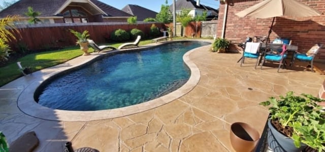 view of swimming pool with a patio area, a fenced backyard, and a fenced in pool