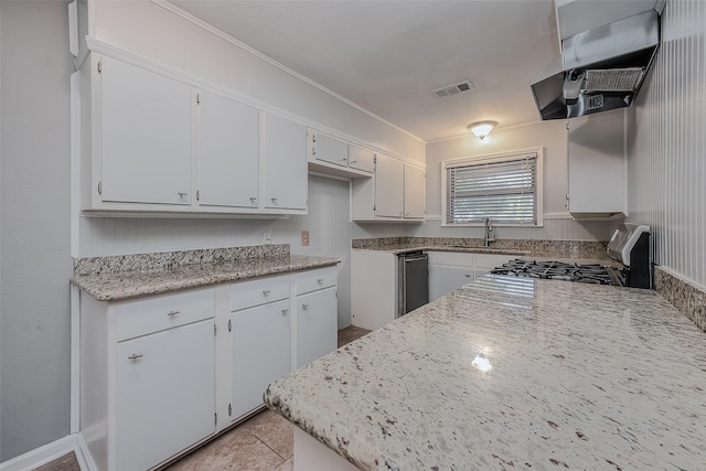 kitchen with visible vents, a sink, range, and white cabinets