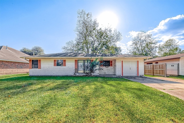 single story home featuring concrete driveway, a front lawn, and fence