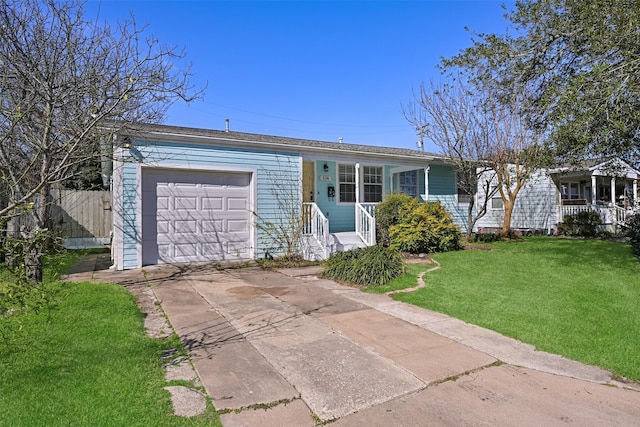 ranch-style house with an attached garage, fence, a front lawn, and concrete driveway