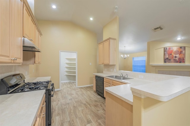 kitchen featuring visible vents, dishwasher, under cabinet range hood, light brown cabinets, and gas stove